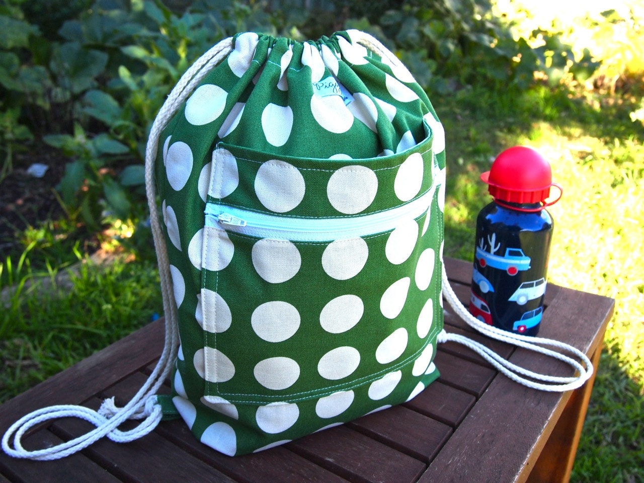 Large Child's Backpack for Daycare or Preschool with Double Pocket - Large Green Dots (Made to Order)