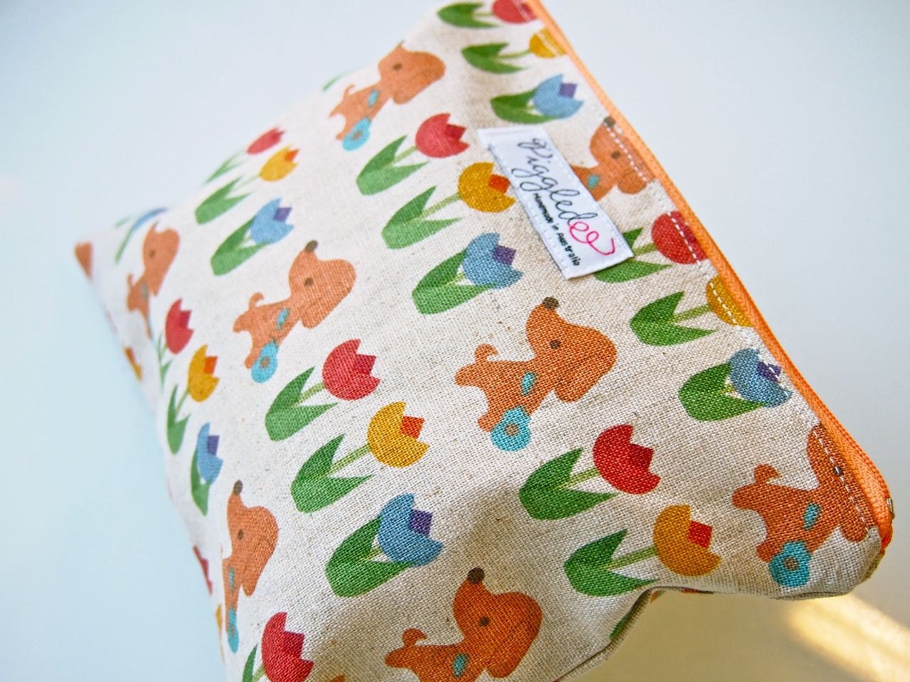 Small Zippered Wet Bag Pouch Makeup Bag with Waterproof Lining - Puppies and Flowers