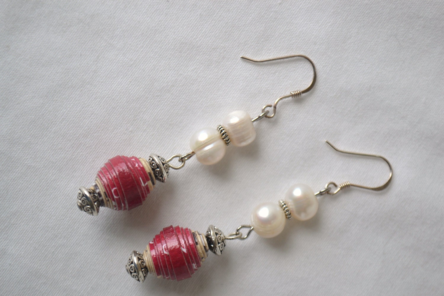 Paper Bead and Freshwater Pearl Earrings, Eco Friendly