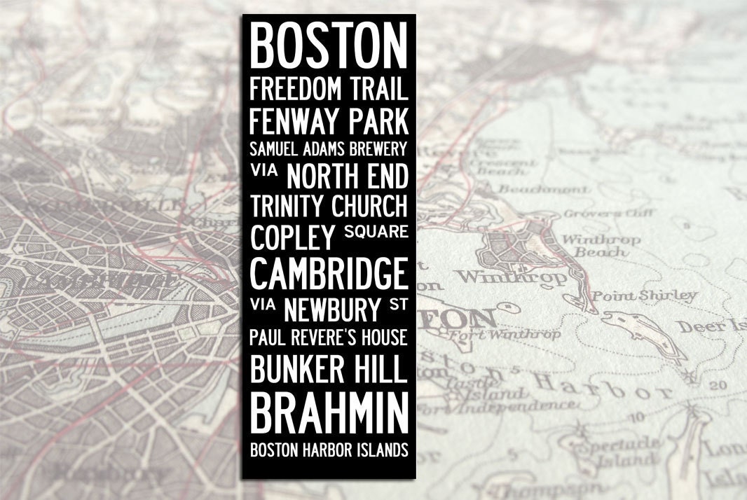 BOSTON  Bus Scroll - Custom hand painted and distressed on high quality artist canvas, ready to hang 22" x 59"