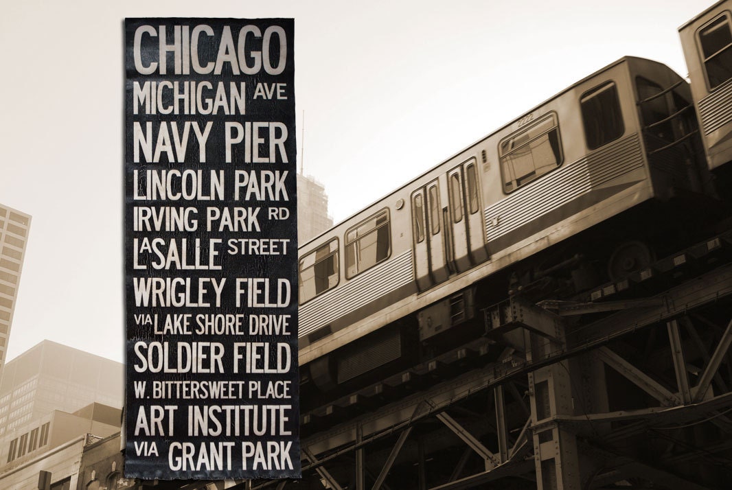 CHICAGO BUS SCROLL - Subway Art, Tram Scroll, Destination Roll - Hand painted and distressed on artist canvas, ready to hang 22" x 59"