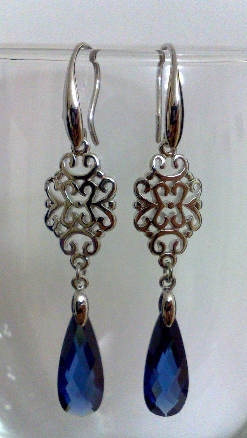 Something Blue Montana Teardrop Bridal Earrings, Silver Filigree Lace Bridesmaids Wedding Party Jewelry, BLUE CHARISMA