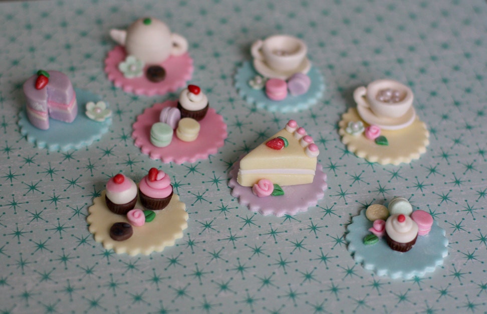 Fondant Tea Party Toppers with Teapot, Teacups, Macaroons, Cupcakes, Cookies and Cakes for Decorating Cupcakes, Cookies