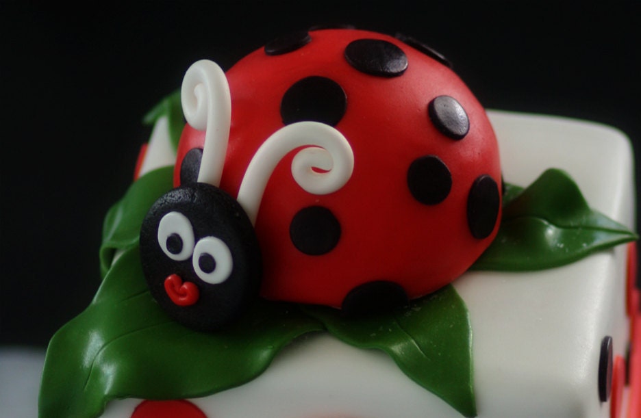 Ladybug Fondant Cake Topper and Matching Polka Dot and Age Cake Decorations Perfect for a Ladybug Party