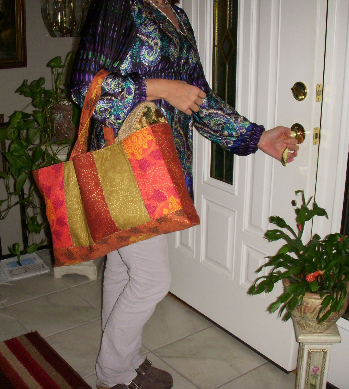 SALE Quilted Fashion Tote Bag Gold Green Brown Red