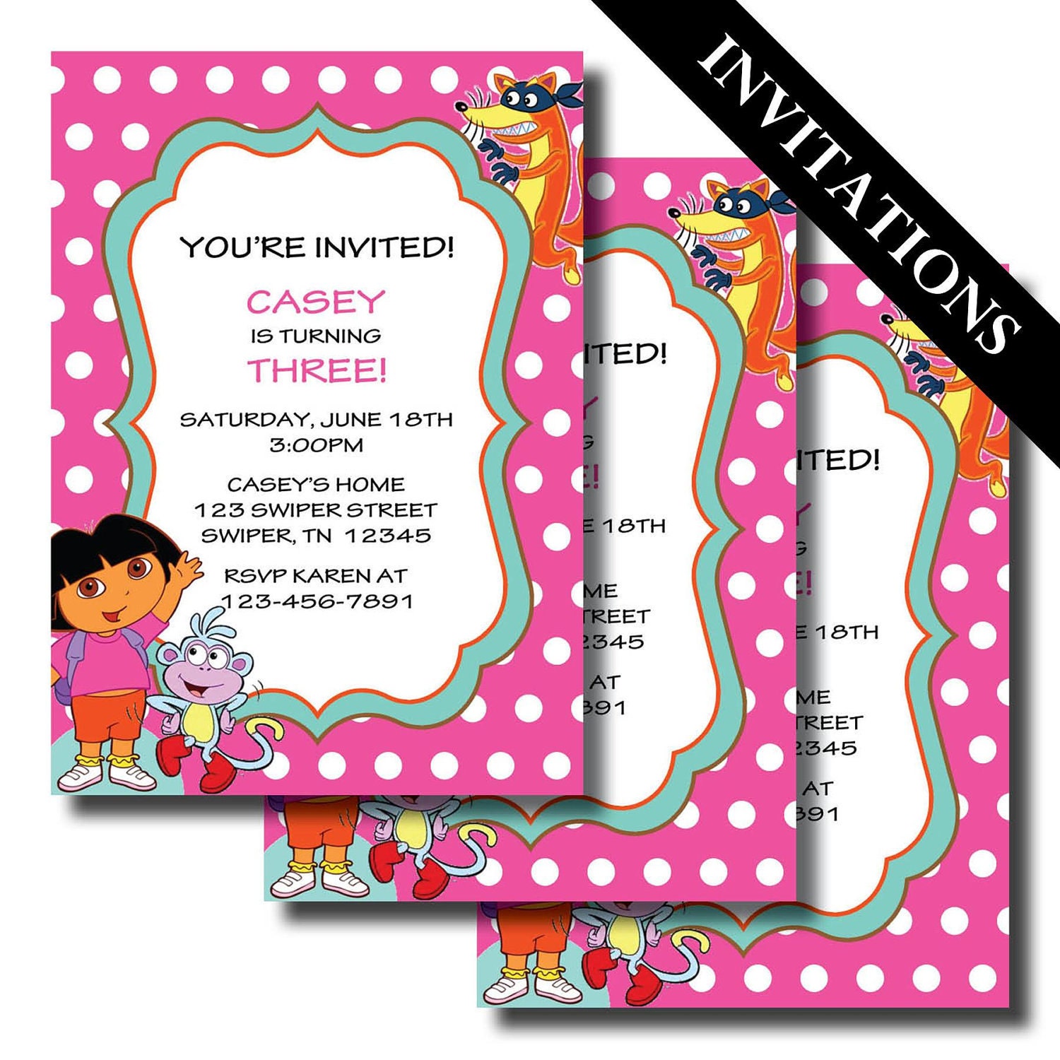 Dora the Explorer Birthday Party Pack - Printable Invitation and Party Supplies