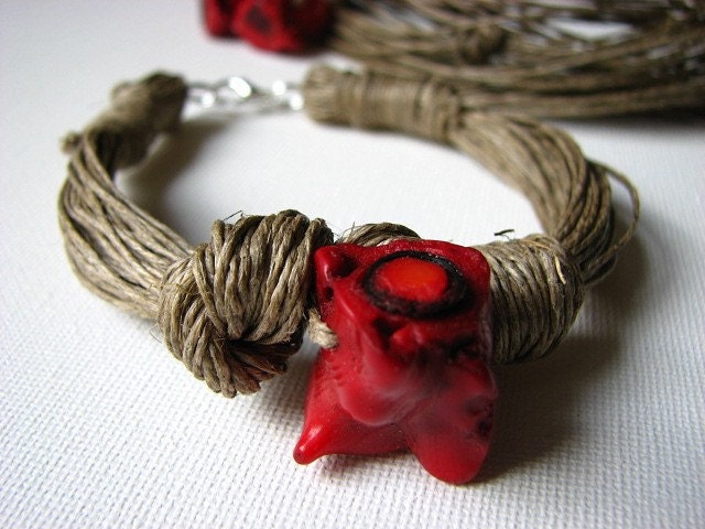 RESERVED NatuRal ReD coRaL - linen bracelet