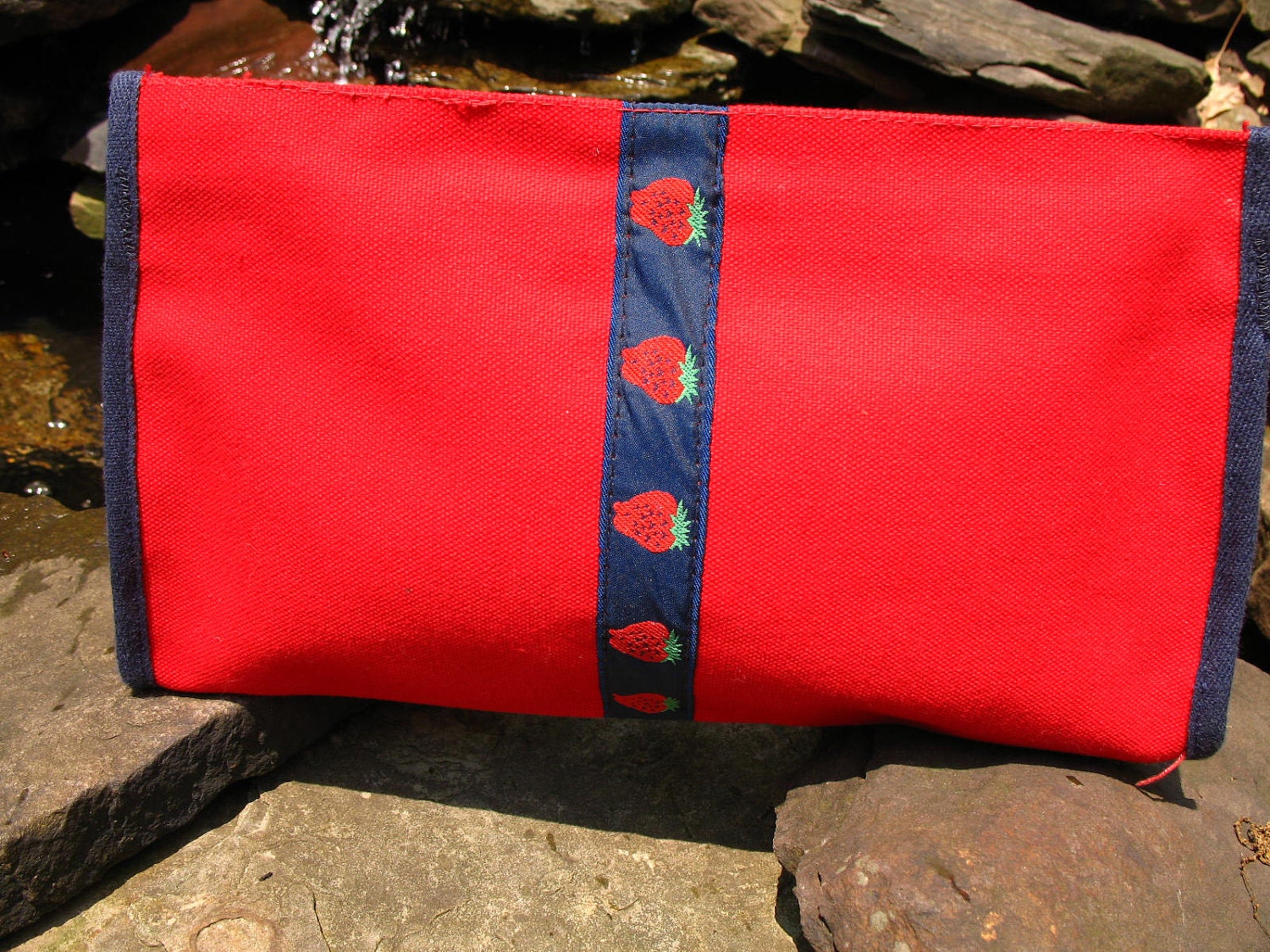 Vintage 70s Preppy Red and Blue Strawberry Papagallo Handbag Wide Zip Purse