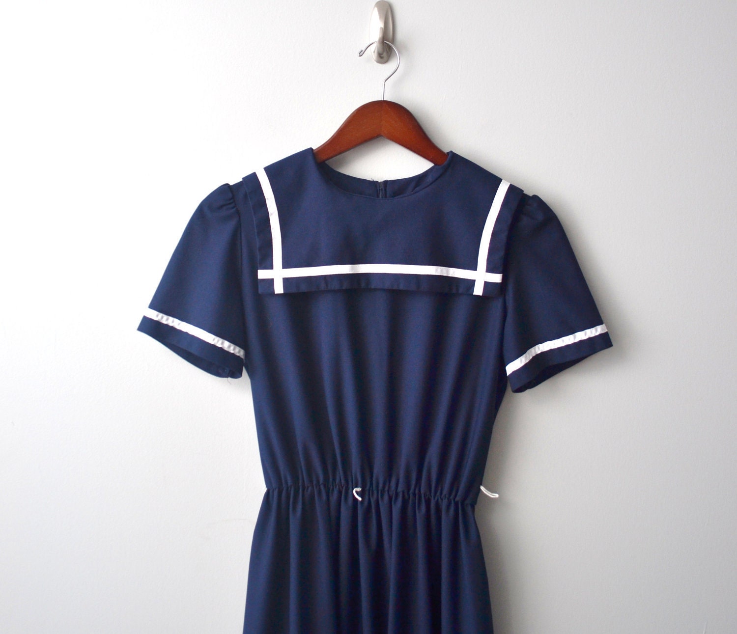 Vintage Semi sheer Nautical DRESS size aprox S/M by Toni, navy blue