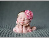 Baby Girl Headband..Newborn Headband...Rose Pink Flower on a Tan Headband Newborn/Baby/Toddler/girl/Adult..Baby Headbands