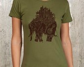 Women's T-Shirt - Steampunk Elephant Illustrated in Woodblock Print Style - Available in S, M, L, XL