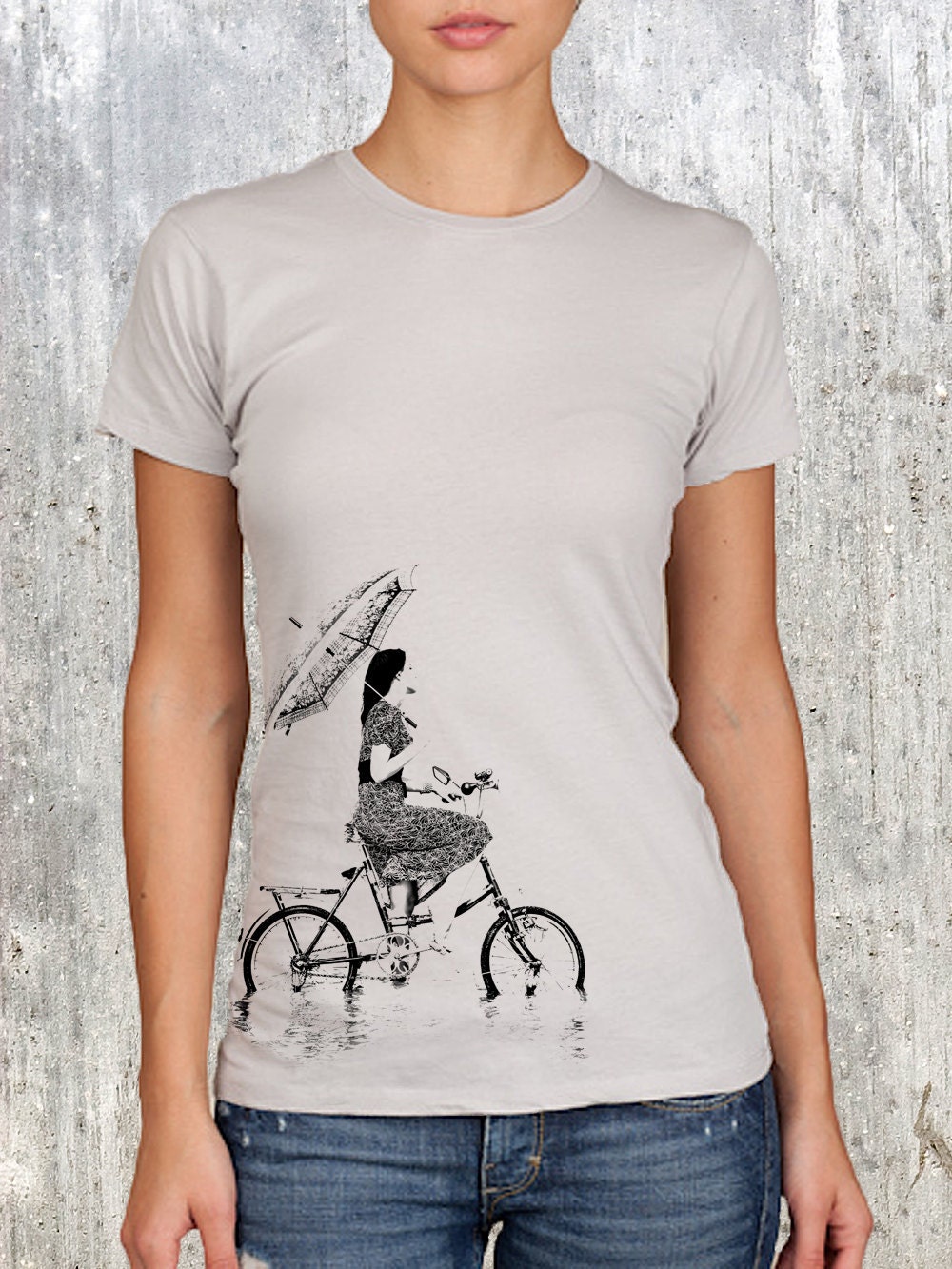 Women's T-Shirt - Vintage Styled Photo of a Woman on a Bike with Umbrella