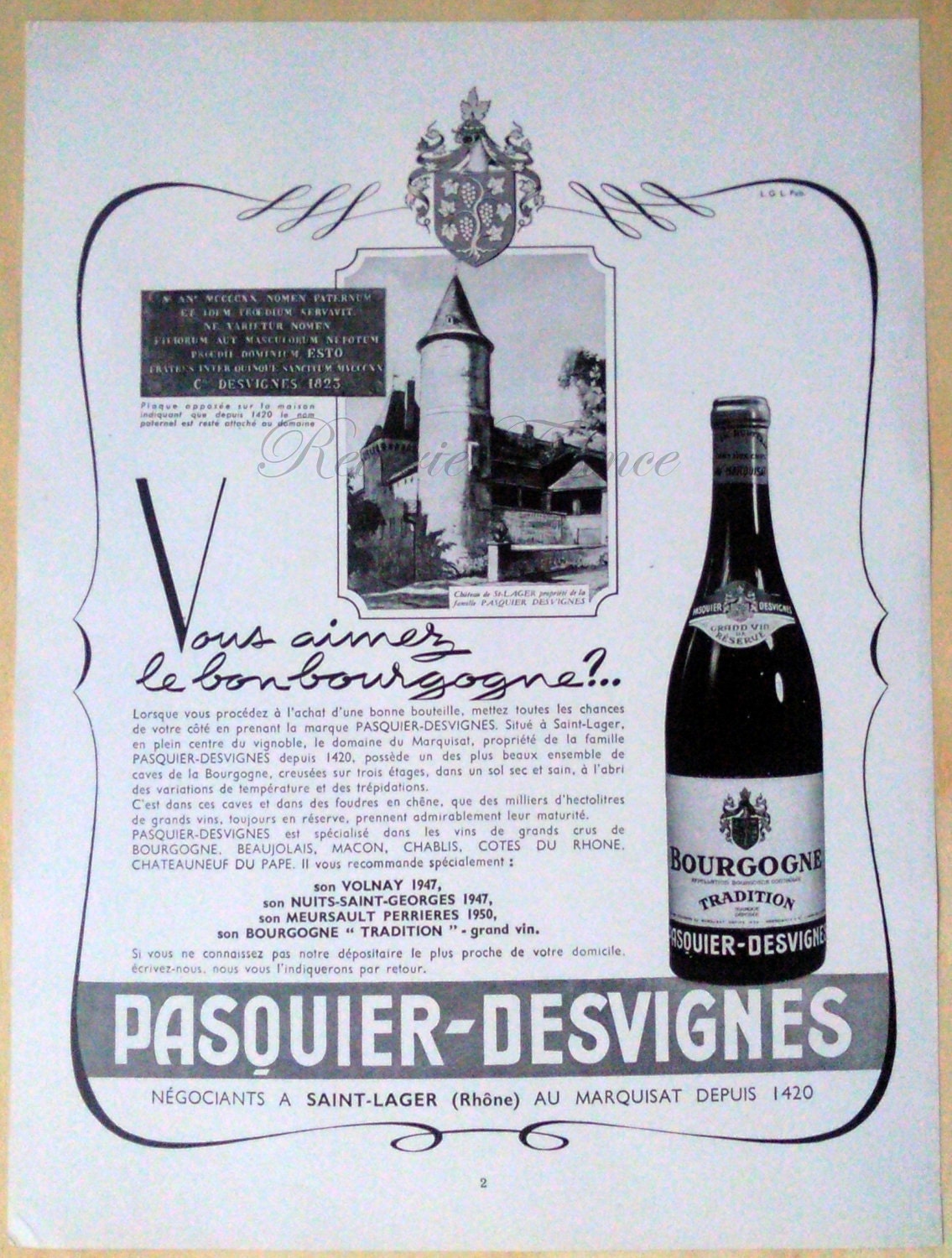 Original Vintage French Ad - Pasquier- Desvignes Bourgogne - Burgundy Wine 1954