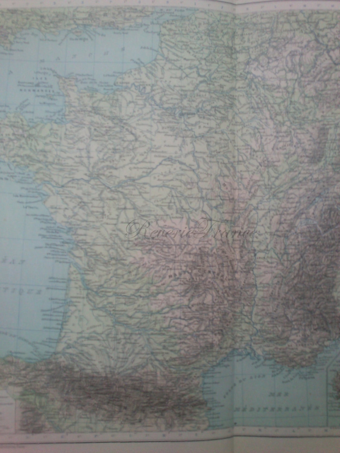 Antique French Map - 1891 Large Map of France Physical