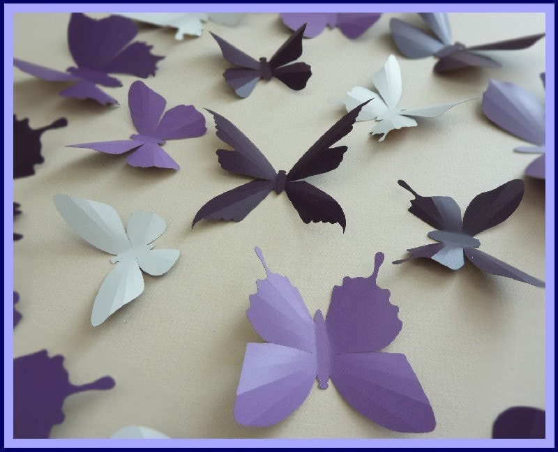 3D Wall Butterflies - 15 Lavender, Lilac Purple, Dark Plum, White Butterfly Silhouettes, Nursery, Home Decor, Wedding