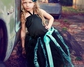 Victorian Burlesque Style Black & Turquoise Lace Tulle Gown, Satin Corset Style Top, Matching Half Slip Liner Girls 5 - 8 yr up to 26" Waist