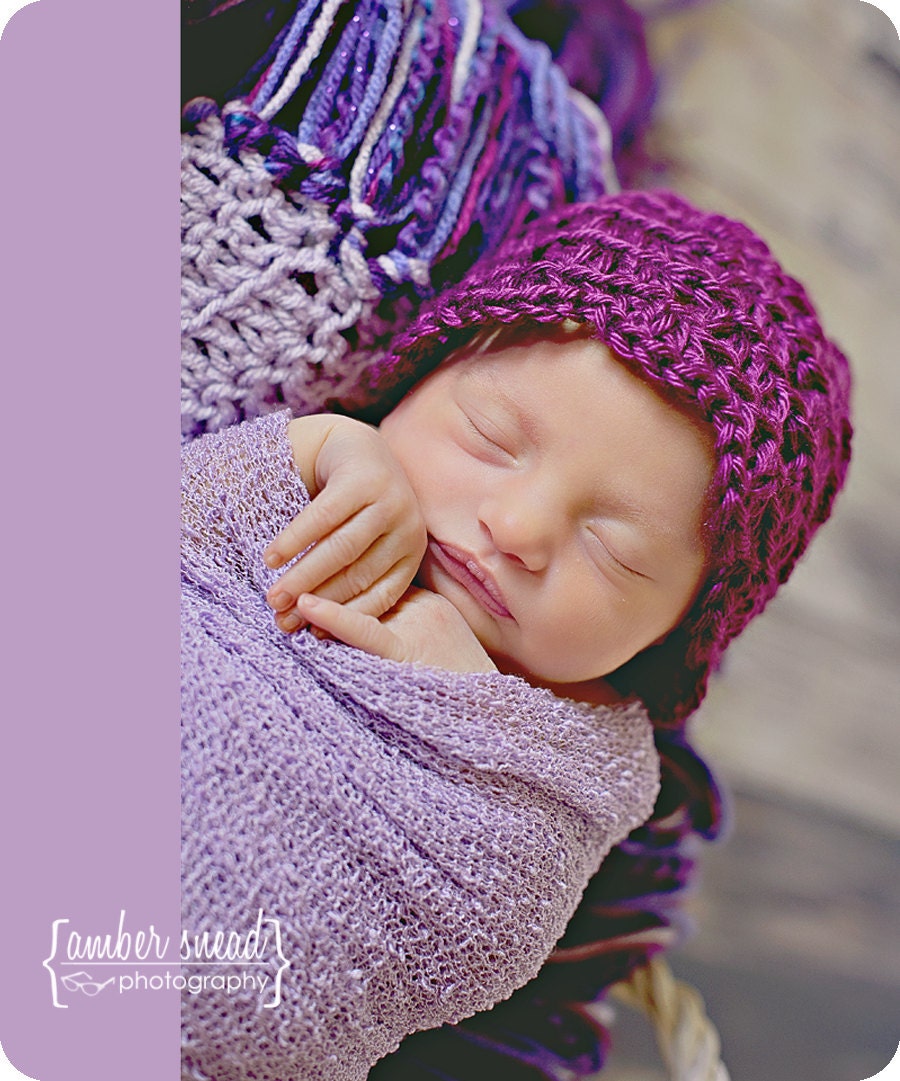 Newborn Infant Hand Crochet Purple Bonnet Hat for 1st Photos, Newborn Pics, Baby Shower Gift, or Photo Prop