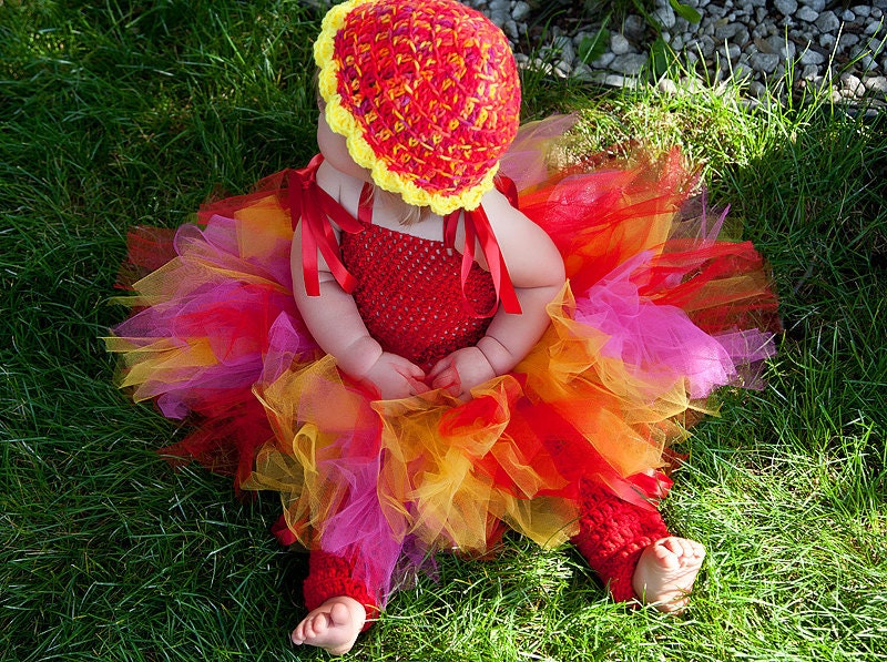 Sun Catcher Red, Yellow, & Purple Theme Tulle Tutu Dress with matching Hand Crochet Bonnet and Leg Warmers 0-24 Months