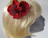 Ruby-Red Orchid Flower Hair Comb with Veiling