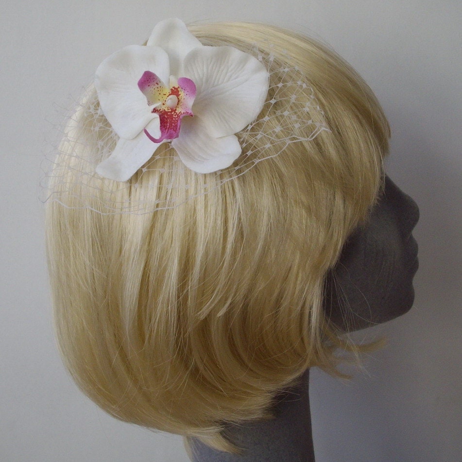 White-Pink Flower Hair Comb- Orchid with Veiling