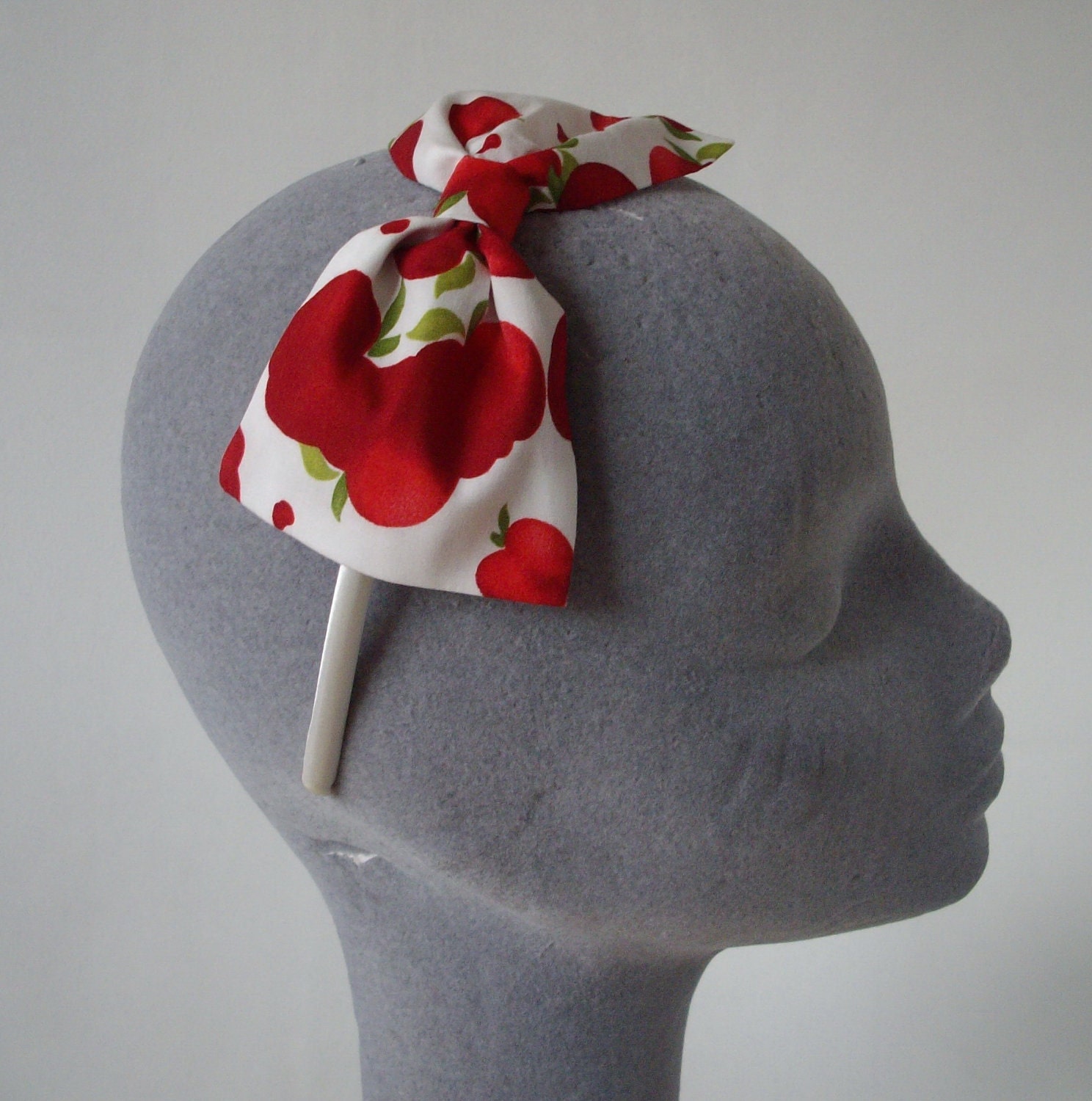 White-Red Headband-  Apple Print Bow
