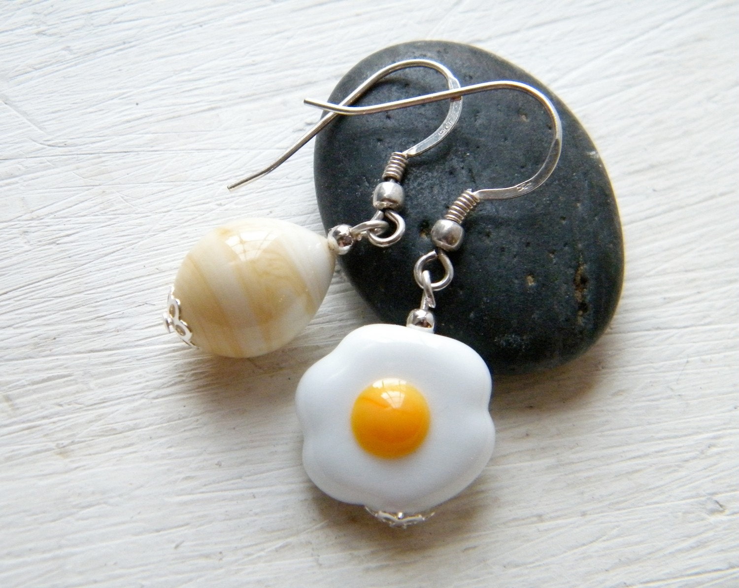 Easter Funny earrings Fried Egg lampwork glass beads