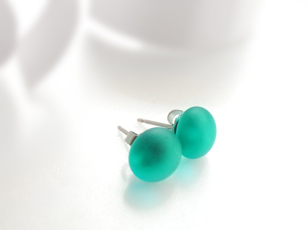 Teal Earrings Studs Matte Fusedglass