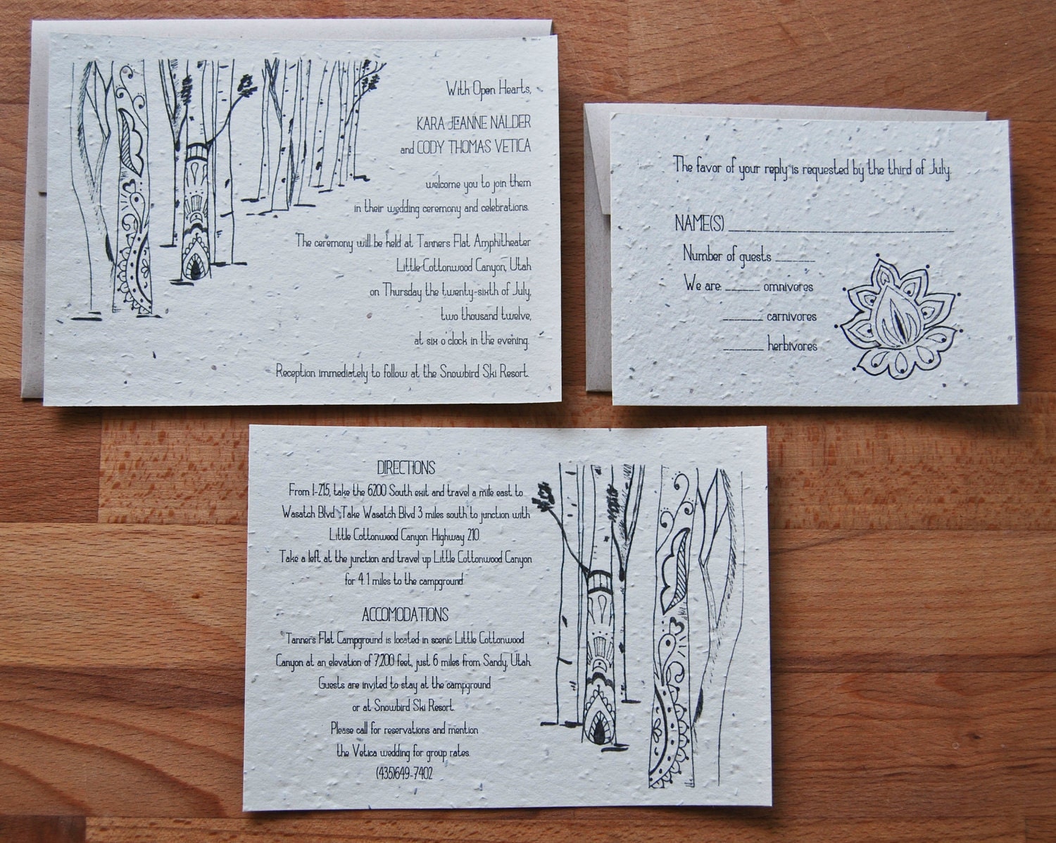 Plantable Seed Paper Wedding Invitation Set, Henna Aspens Design - Set of 25