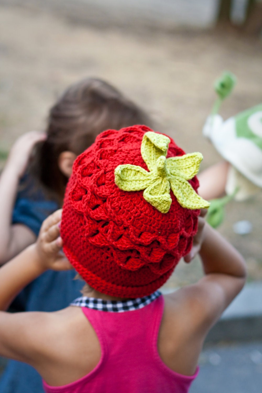 Funny Strawberry Hat Handmade Hand Knit Crochet Spring Summer Autumn Accessories Red Green designed by dodofit on Etsy