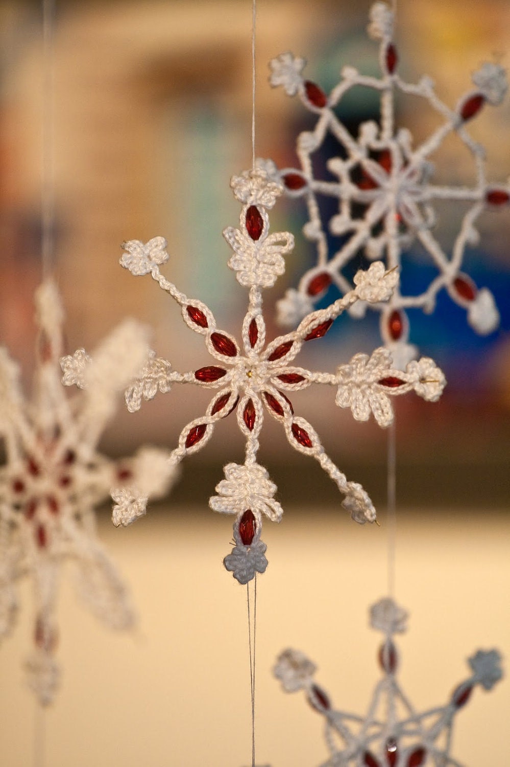 Christmas in July Snowflake with Red Crystal Beads Crocheted on Wire Frame with Cotton Yarn designed by dodofit on Etsy