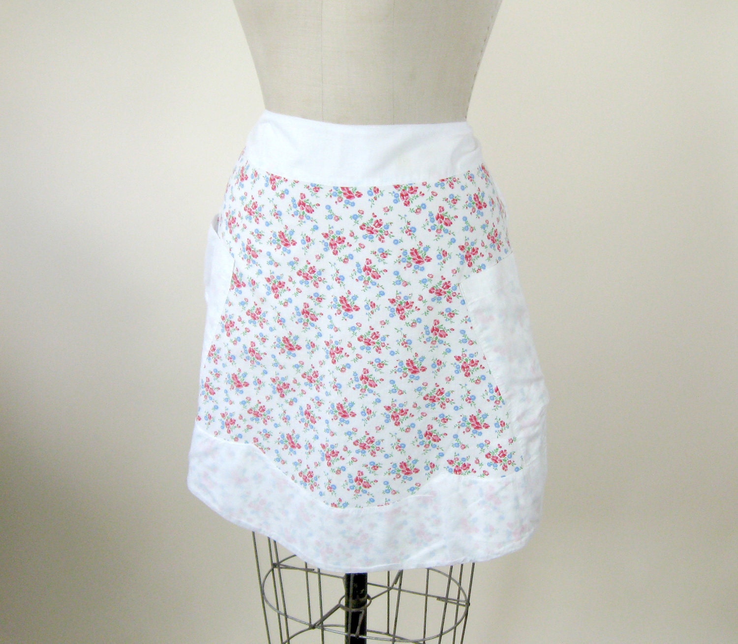 50s Floral Half Apron Handmade White Red Blue Flowers