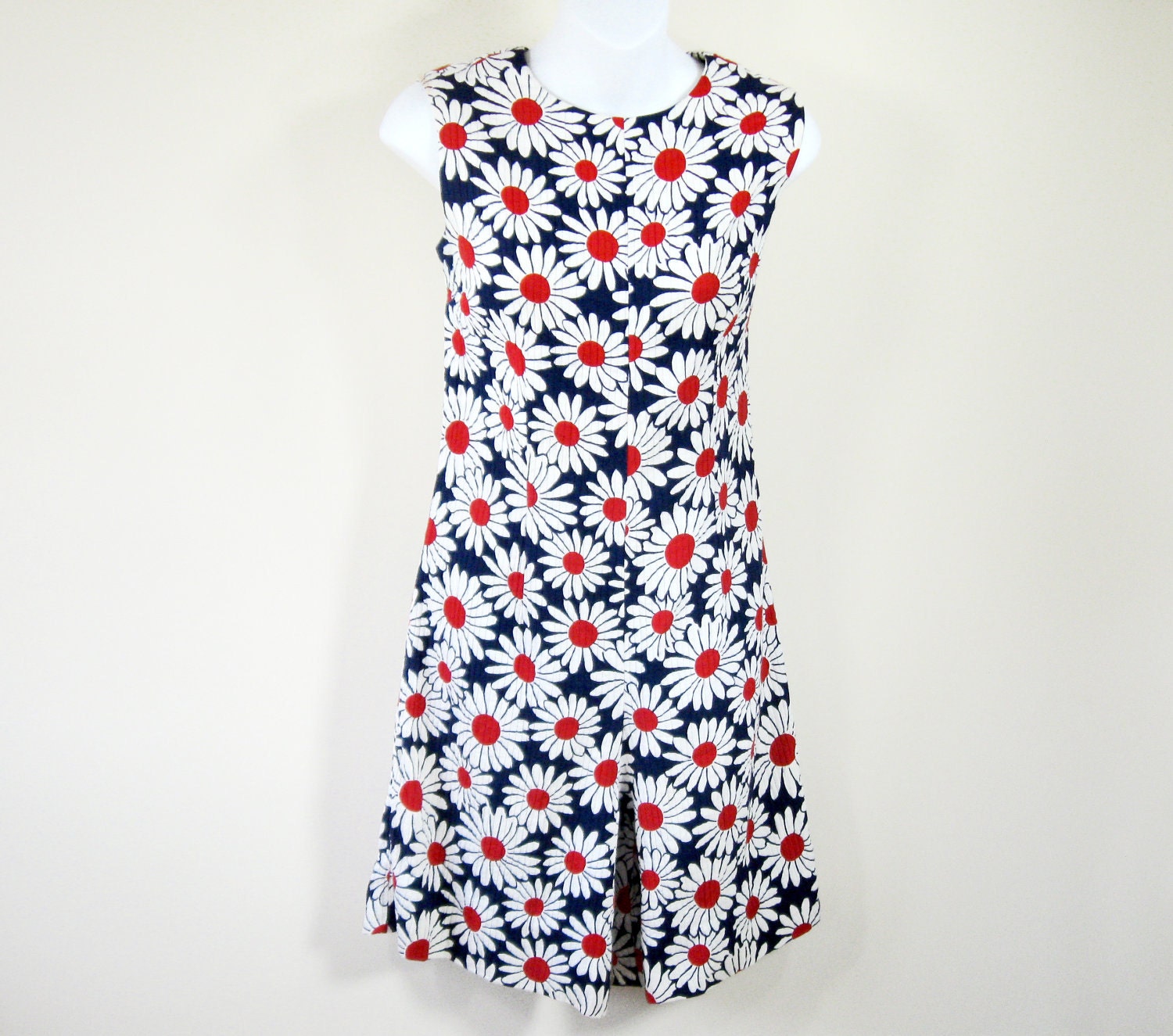 RESERVED for Maya/// 60s Mod Daisy Jumper Romper Red White Blue Floral Sleeveless Womens Medium