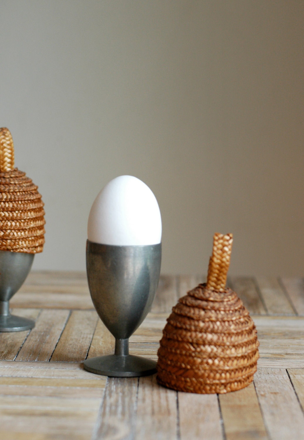 Vintage Pewter Egg Cups with Woven Toppers, Set of 4