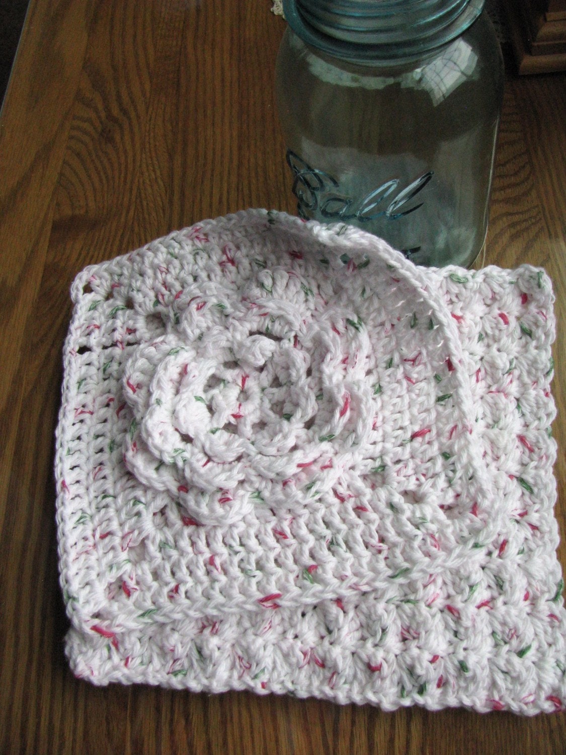 Pair of Original Design Speckled Green Red White Floral Crocheted Cotton Dish Cloths