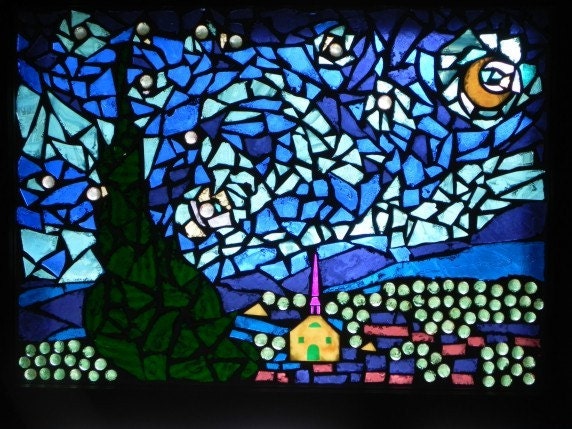 Save 50.00 on sale 200.00 now Starry Night interpretation in mosaic glass 31 1/2 x 23 window