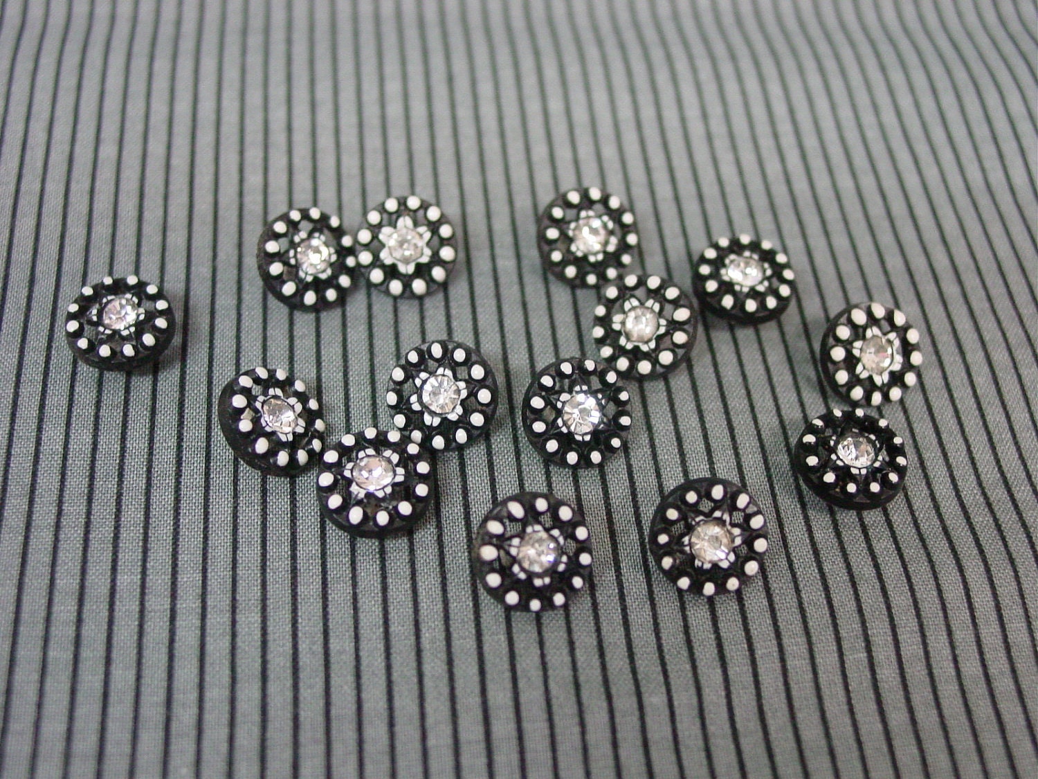 Set of 14 Cute 1/2" Vintage Buttons, Black Plastic,Polka Dots and Rhinestones