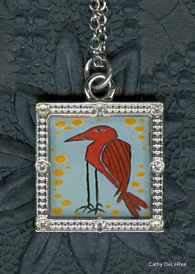 Red Bird Fizzy - Original Art Pendant Necklace