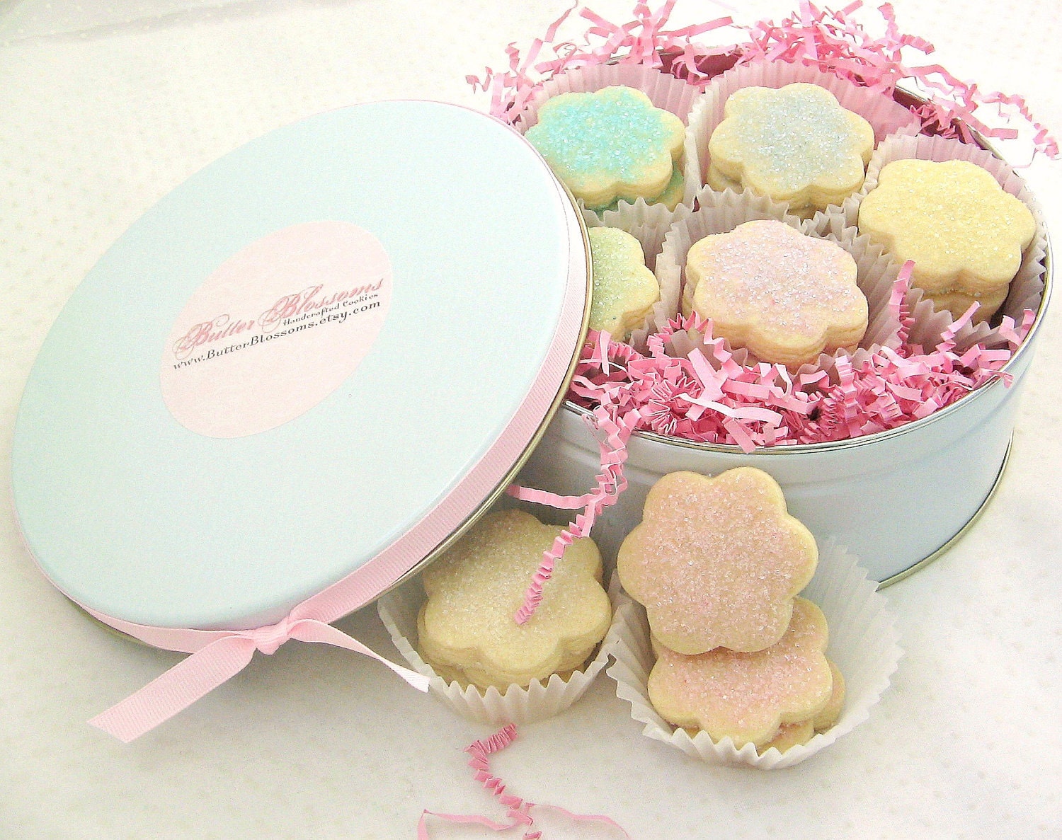 Springtime Easter Gift Idea - Pretty in Pink Cookie Gift Tin - 21 Shortbread Flowers  - You Choose Flavor & Colors - ButterBlossoms