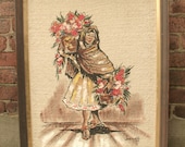 vintage Mexican decor, peasant woman art, painting on fabric, framed, large, 1964, Spanish decor, 1960's