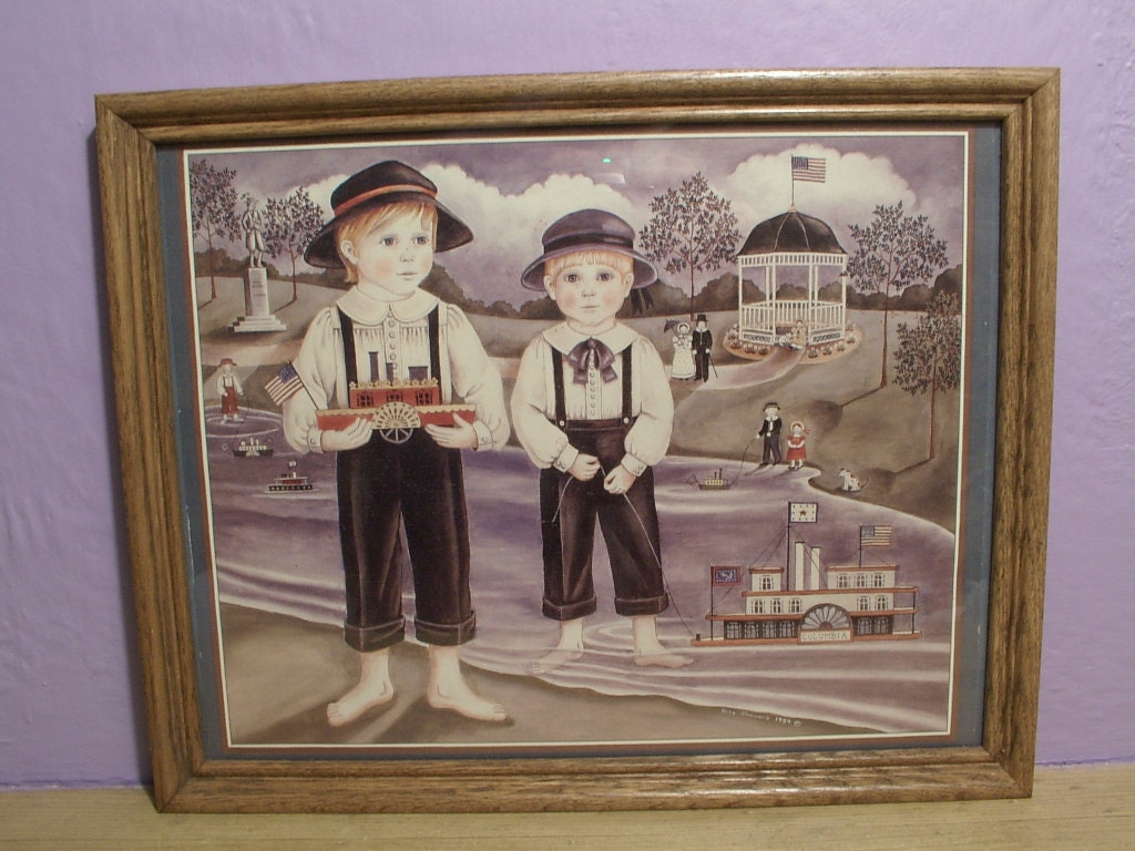 folk art print, vintage 1980's Nita Showers, 1984, victorian boys bedroom decor, toy boats, paddleboats, framed