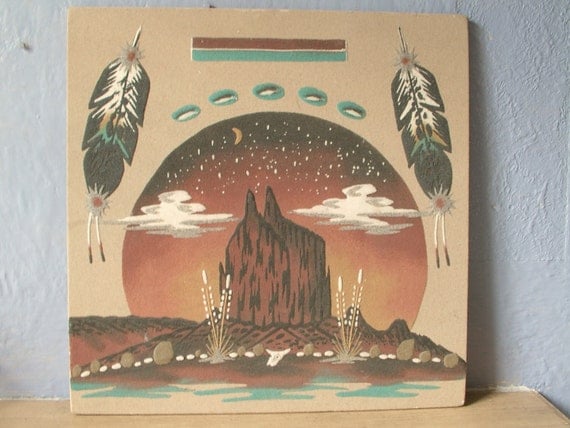 vintage southwest sand art painting, Native American Indian themed, 1960's, Wallace Watchman new mexico, mountain desert