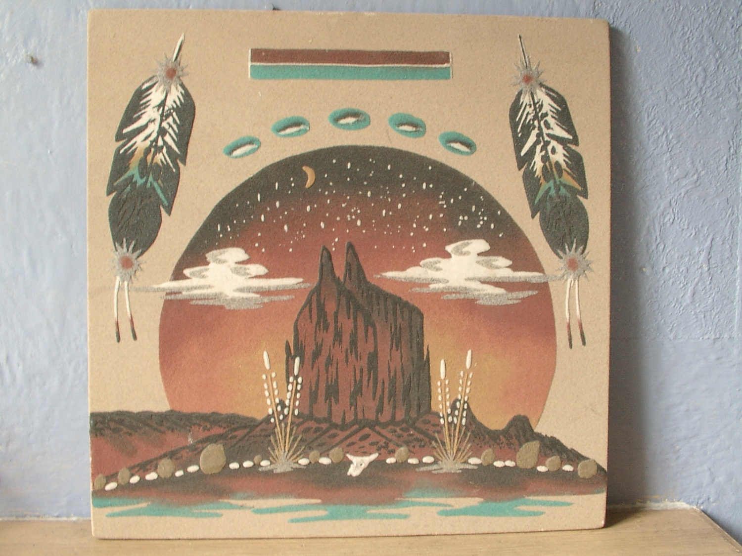 vintage southwest sand art painting, Native American Indian themed, 1960's, Wallace Watchman new mexico, mountain desert