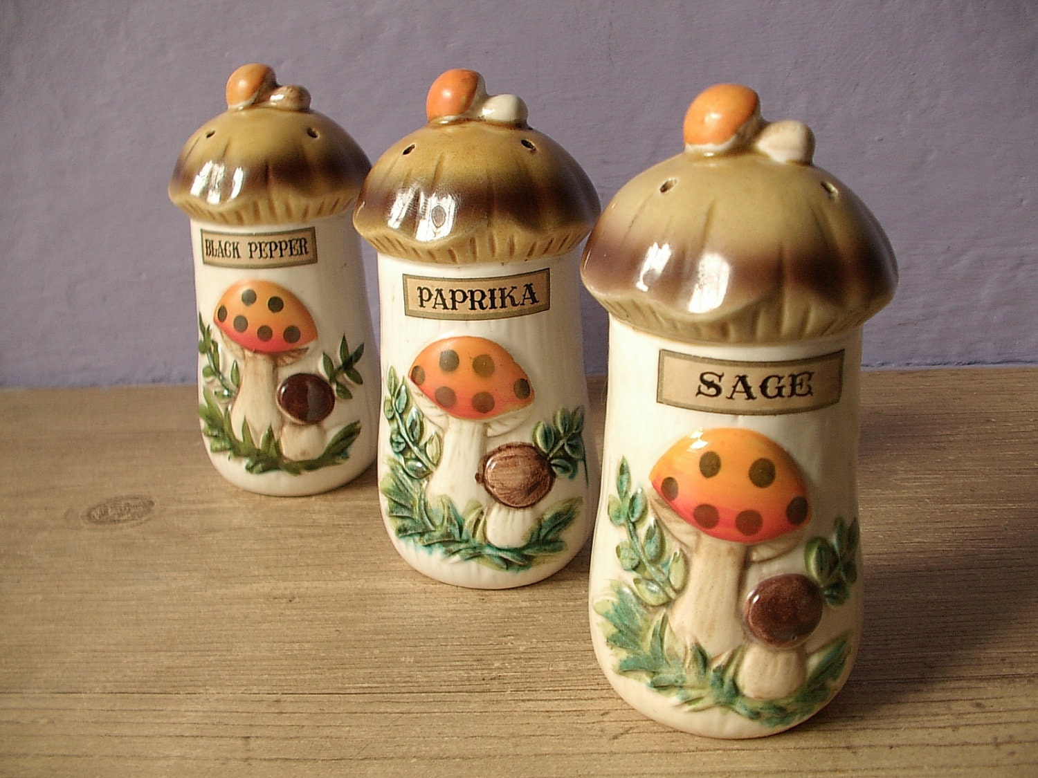 vintage spice jars Merry Mushroom 1970's country by ShoponSherman
