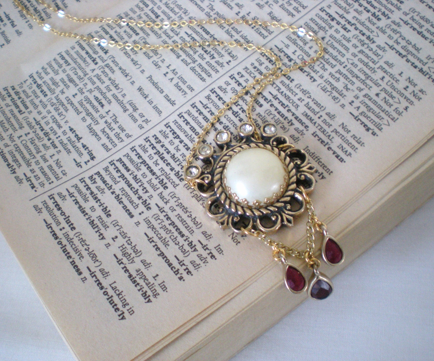 Elegant Queen Necklace/ Upcycled chic/ Garnet Red Drops / Handmade