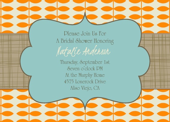 Bridal Shower or Baby Shower Invitation- Fall Autumn Leaves on a Vine Aqua Orange