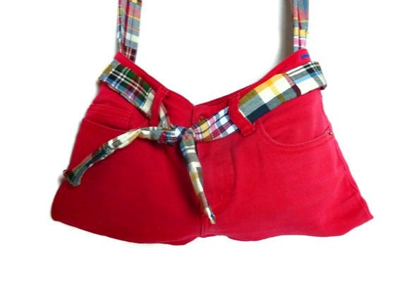 Plaid purse recycled from a jean skirt