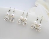 Bridesmaids Pearl Earrings - Set of 6 - Rhinestone And Swarovski Pearls Bridal Earrings - Renee