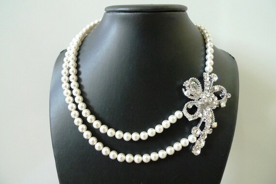 Bridal Pearl Necklace - Double Strand Pearl Necklace - Rhinestone Brooch Pendant - Vintage Inspired Ribbon - Joelle