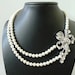 Bridal Pearl Necklace - Double Strand Pearl Necklace - Rhinestone Brooch Pendant - Vintage Inspired Ribbon - Joelle