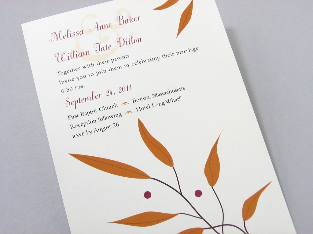 Custom Fall Wedding Invitation Rusty Leaves Crimson Red Berries Autumn Casual Wedding Golden Brown